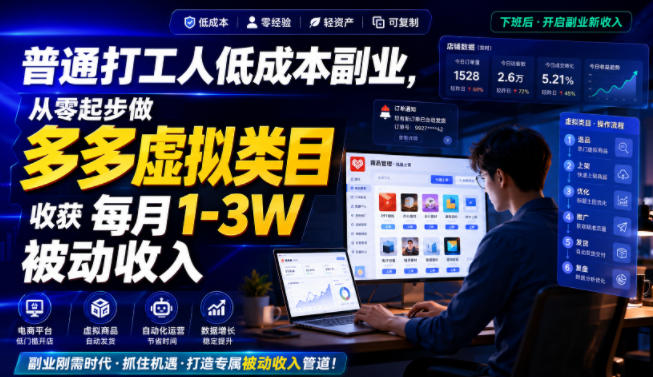 普通打工人低成本副业，从零起步做多多虚拟类目，收获每月1-3W被动收入【揭秘】-研习库