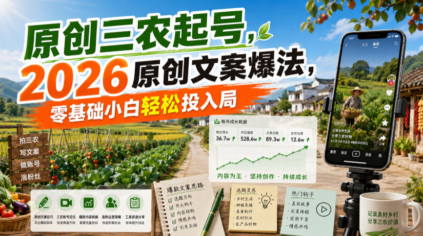 原创三农起号,2026原创文案爆法,零基础小白轻松投入局-研习库