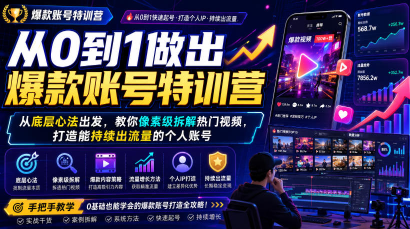 从0到1做出爆款账号特训营，从底层心法出发，教你像素级拆解热门视频，打造能持续出流量的个人账号-研习库