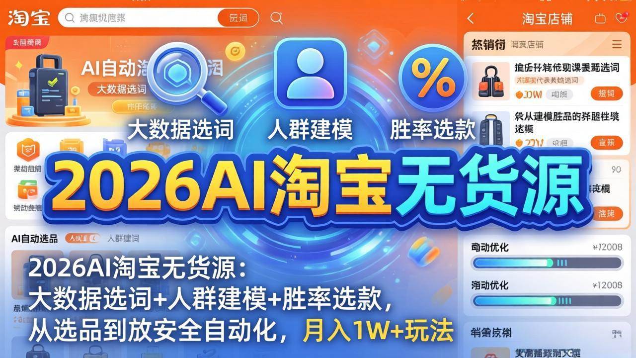 (17812期)2026AI淘宝无货源:大数据选词+人群建模+胜率选款,从选品到放大全自动化,月入1W+玩法-研习库