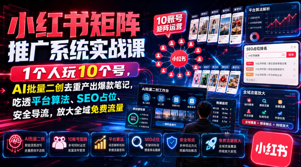 小红书矩阵推广系统实战课|1个人玩10个号,AI批量二创去重产出爆款笔记,吃透平台算法、SEO占位、安全导流,放大全域免费流量-研习库