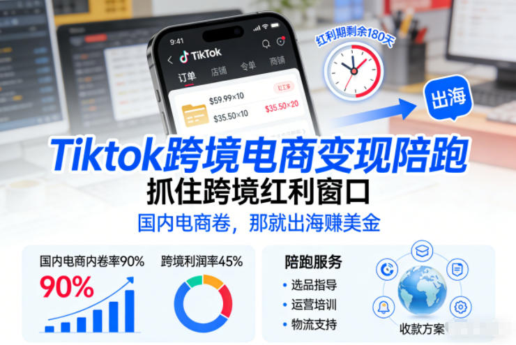 Tiktok跨境电商变现陪跑，抓住跨境红利窗口，国内电商卷，那就出海賺美金-研习库