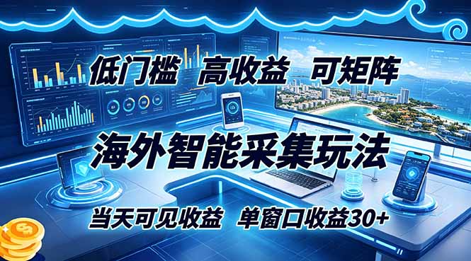 海外智能采集玩法,低门槛高单价可矩阵,当天可见收益,单窗口30+-研习库