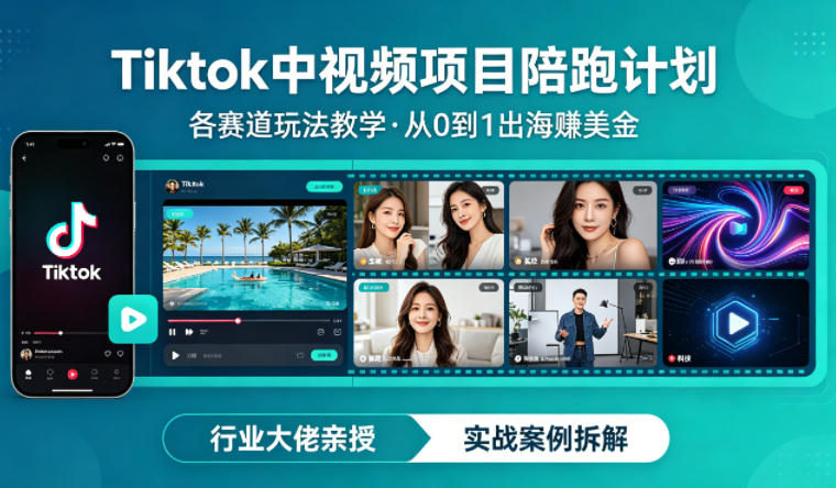 某大佬的Tiktok中视频项目陪跑，涵盖TK各个赛道玩法教学，从0到1出海賺美金-研习库