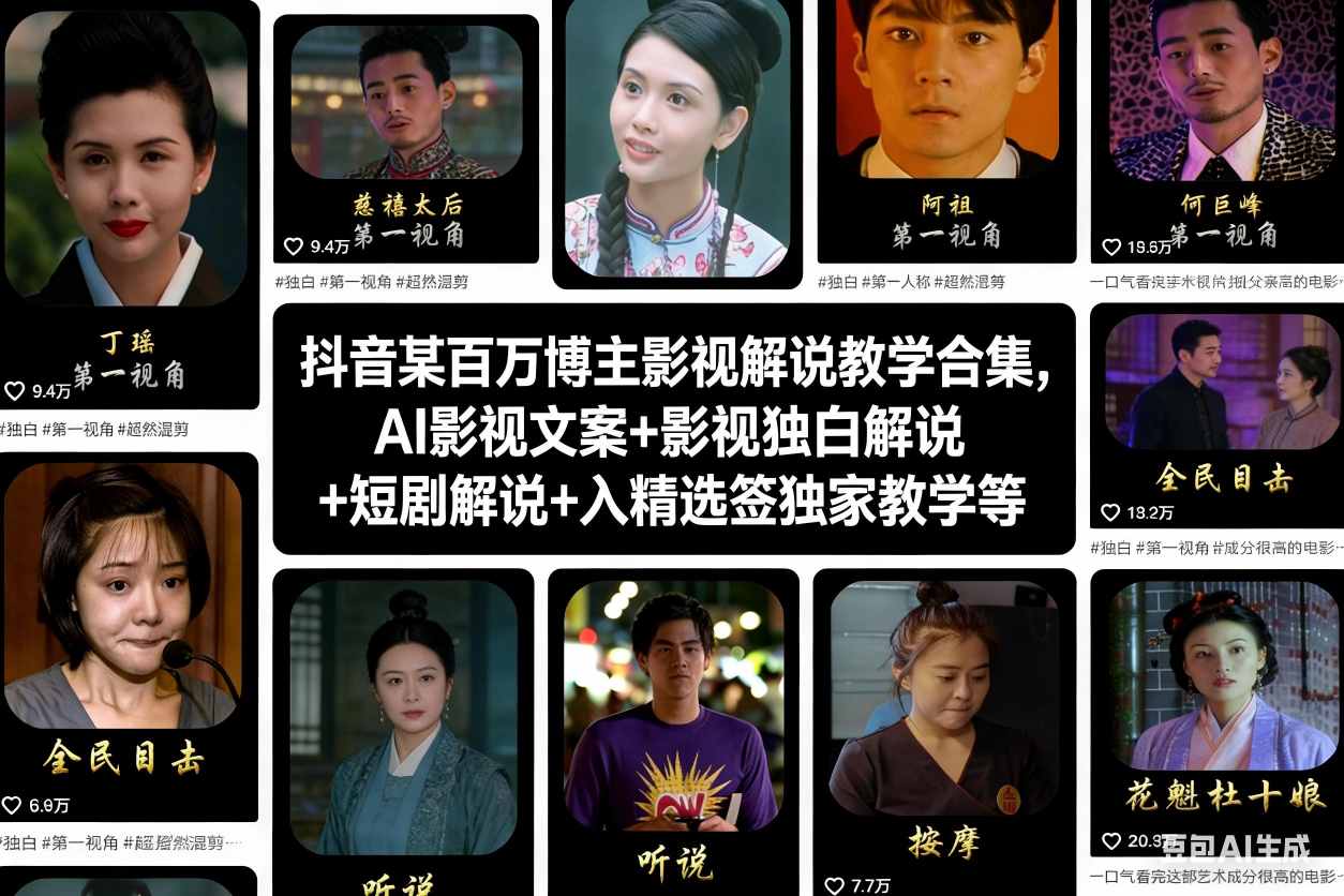 抖音某百万博主影视解说教学合集,AI影视文案+影视独白解说+短剧解说+入精选签独家教学等-研习库