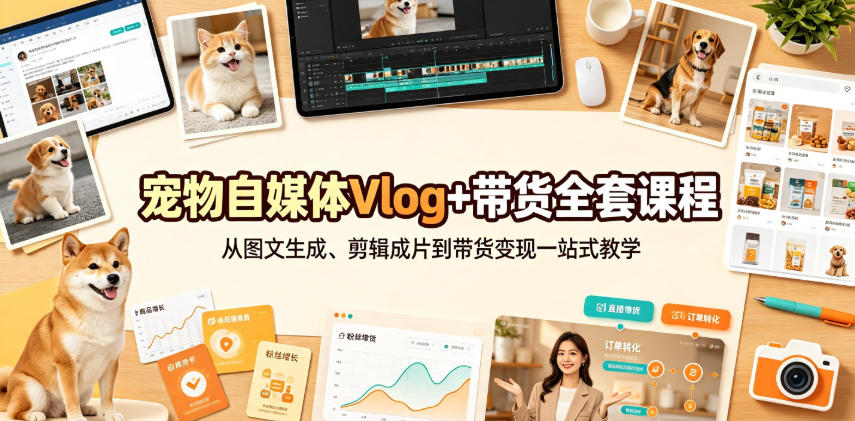 宠物自媒体Vlog+带货全套课程｜从图文生成、剪辑成片到带货变现一站式教学-研习库