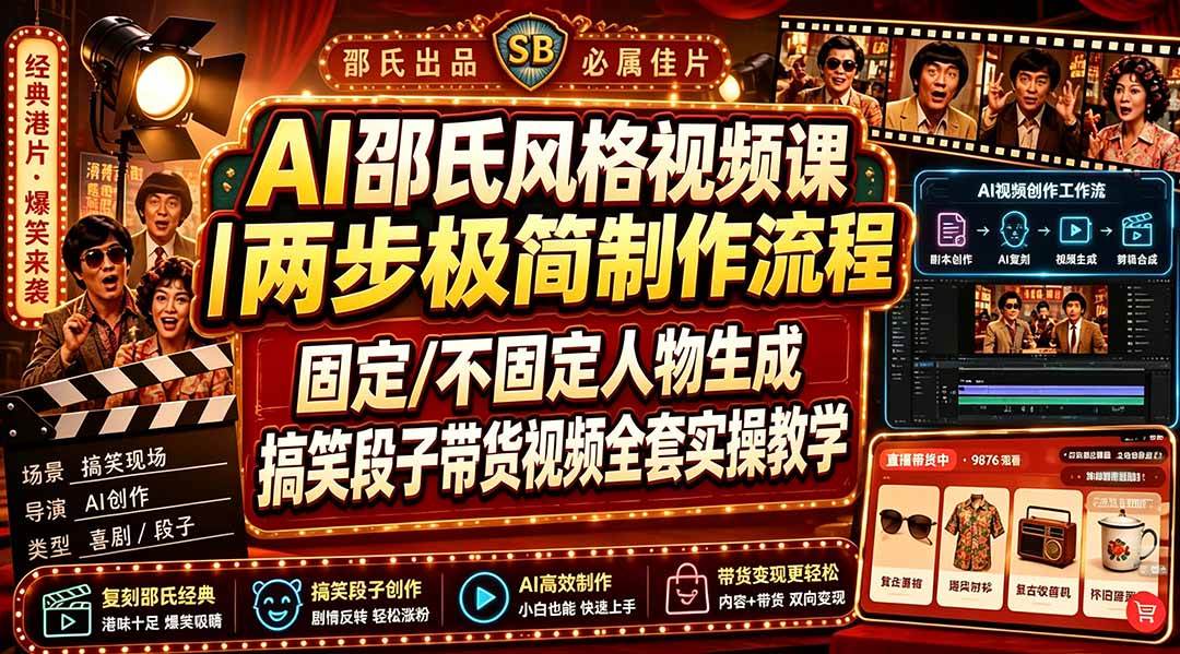 (19602期)AI邵氏风格视频课|两步极简制作流程,固定/不固定人物生成,搞笑段子带货视频全套实操教学-研习库