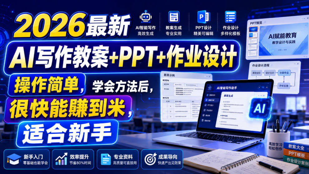 2026最新AI写作教案+PPT+作业设计，操作简单，学会方法后，很快能賺到米，适合新手-研习库
