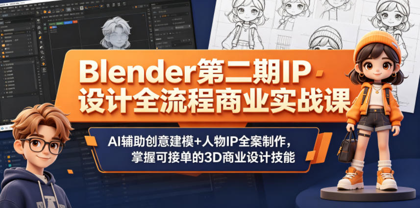 Blender第二期IP设计全流程商业实战课，AI辅助创意建模+人物IP全案制作，掌握可接单的3D商业设计技能-研习库