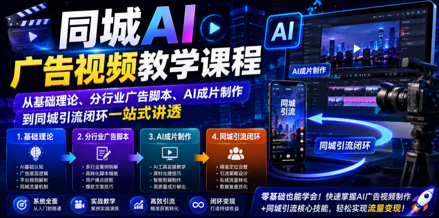 同城AI广告视频教学课程,从基础理论、分行业广告脚本、AI成片制作到同城引流闭环一站式讲透-研习库
