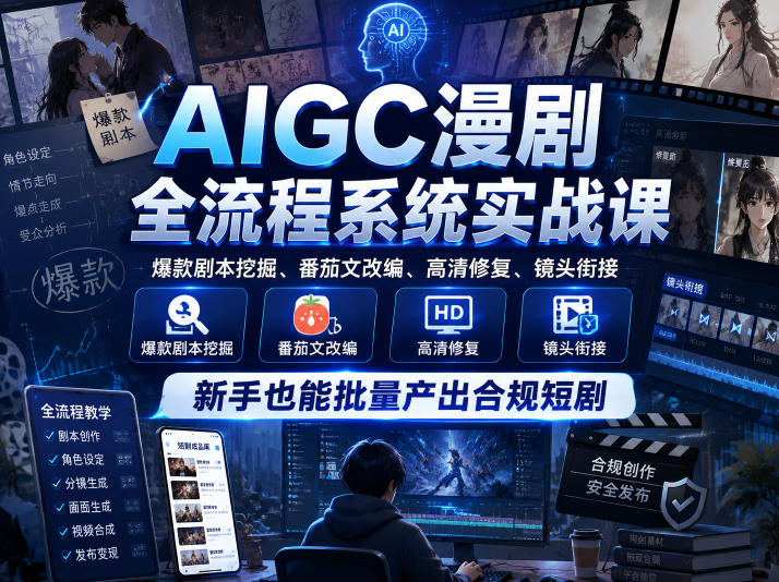 AIGC漫剧全流程系统实战课，爆款剧本挖掘、番茄文改编、高清修复、镜头衔接，新手也能批量产出合规短剧-研习库