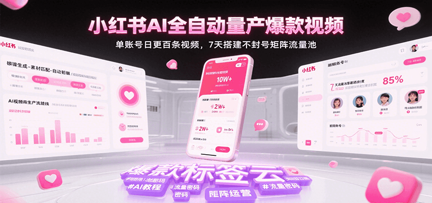 小红书AI全自动量产爆款视频,单账号日更百条视频,7天搭建不封号矩阵流量池(更新)-研习库