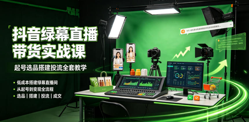 某社群抖音绿幕直播带货实战课,起号选品搭建投流全套教学,低成本搭建绿幕直播间-研习库