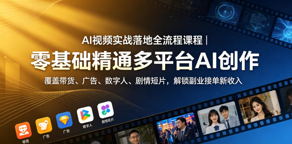 AI视频实战落地全流程课程｜零基础精通多平台AI创作，覆盖带货、广告、数字人、剧情短片，解锁副业接单新收入-研习库
