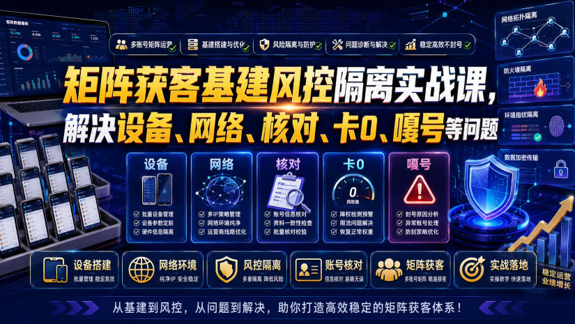 矩阵获客基建风控隔离实战课,解决设备、网络、核对、卡0、嘎号等问题-研习库