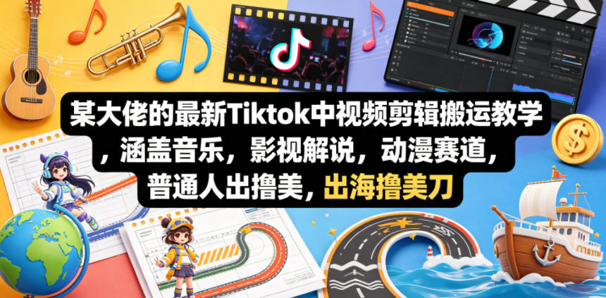 某大佬的最新Tiktok中视频剪辑搬运教学,涵盖音乐,影视解说,动漫赛道,普通人出海撸美刀-研习库