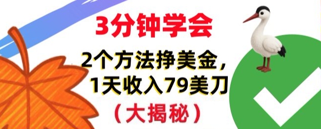 免费挣美刀的2个方法,1天收入79刀,超简单,3分钟学会-研习库