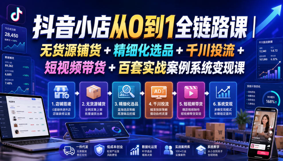 抖音小店从0到1全链路课|无货源铺货+精细化选品+千川投流+短视频带货+百套实战案例系统变现课(2026年7月更新)-研习库