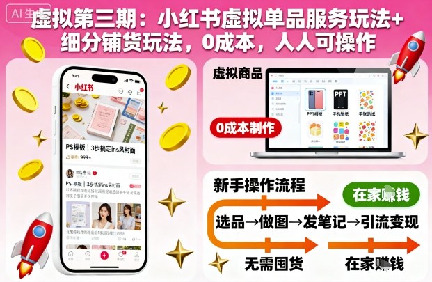 虚拟第三期:小红书虚拟单品服务玩法+细分铺货玩法,0成本,人人可操作-研习库