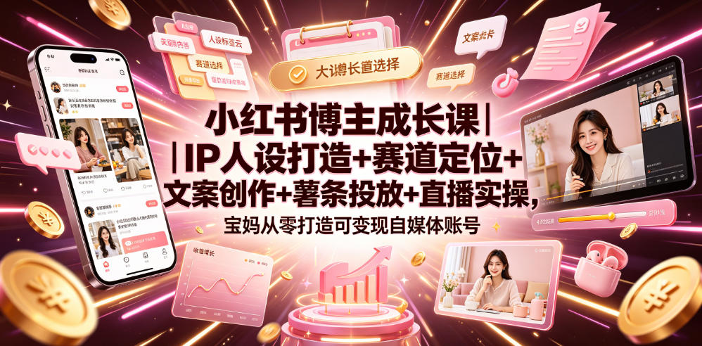 小红书博主成长课｜IP人设打造+赛道定位+文案创作+薯条投放+直播实操，宝妈从零打造可变现自媒体账号-研习库