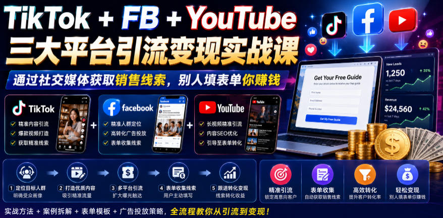 TikTok+FB+YouTube三大平台引流变现实战课，通过社交媒体获取销售线索，别人填表单你賺钱【原创双语字幕】-研习库
