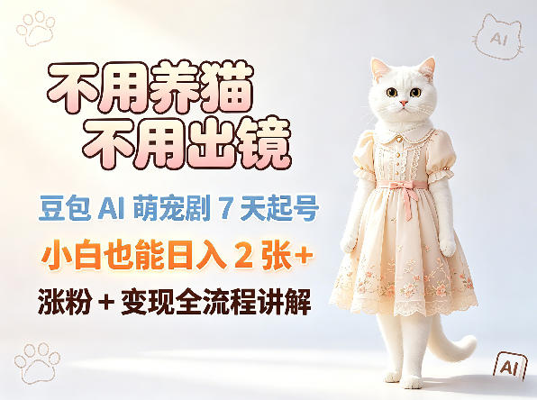 不用养猫不用出镜，豆包AI萌宠剧7天起号，小白也能日入2张+，涨粉+变现全流程讲解-研习库