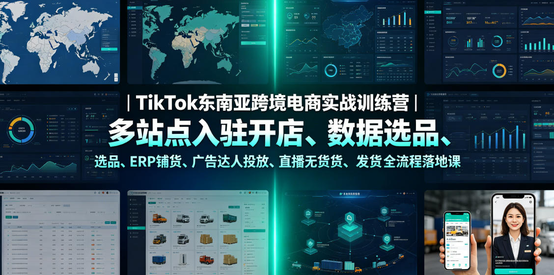 TikTok东南亚跨境电商实战训练营|多站点入驻开店、数据选品、ERP铺货、广告达人投放、直播无货源发货全流程落地课-研习库