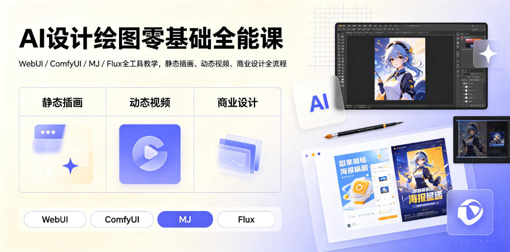 AI设计绘图零基础全能课｜WebUI/ComfyUI/MJ/Flux全工具教学，静态插画、动态视频、商业设计全流程-研习库