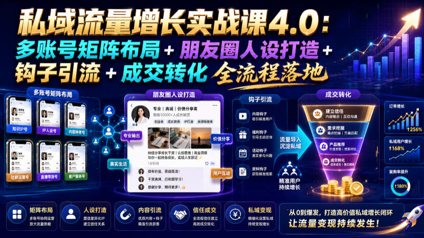 私域流量增长实战课4.0:多账号矩阵布局+朋友圈人设打造+钩子引流+成交转化全流程落地-研习库