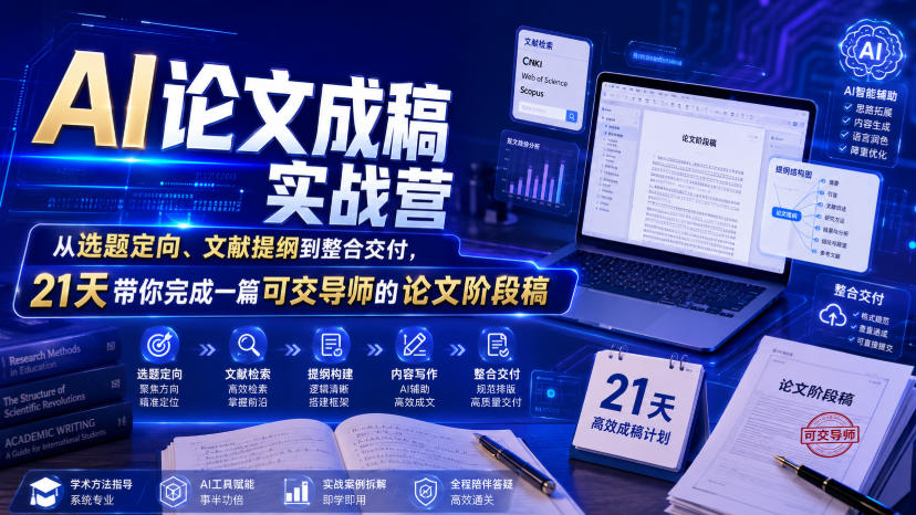 AI论文成稿实战营,从选题定向、文献提纲到整合交付,21天带你完成一篇可交导师的论文阶段稿-研习库