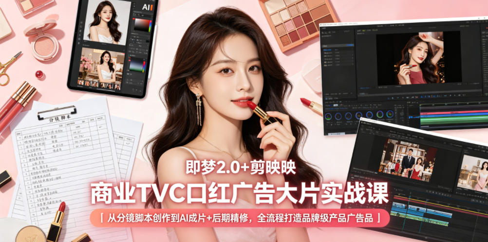 即梦2.0+剪映商业TVC口红广告大片实战课｜从分镜脚本创作到AI成片+后期精修，全流程打造品牌级产品广告-研习库