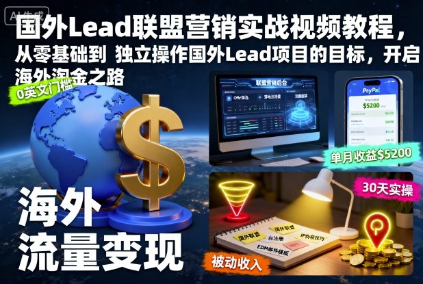 国外Lead联盟营销实战视频教程,从零基础到独立操作国外Lead项目的目标,开启海外淘金之路-研习库