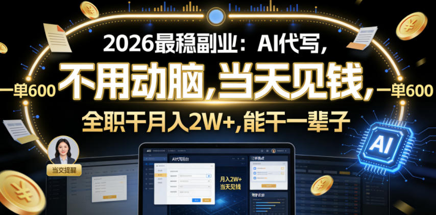 2026最稳副业：AI代写，不用动脑，当天见钱，一单600，全职干月入2W+，能干一辈子【揭秘】-研习库