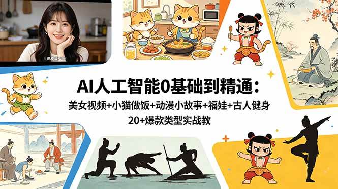 （18685期）AI人工智能0基础到精通：美女视频+小猫做饭+动漫小故事+福娃+古人健身，20+爆款类型实战教学-研习库