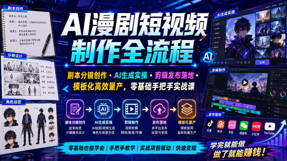 AI漫剧短视频制作全流程|剧本分镜创作・AI生成实操・剪辑发布落地・模板化高效量产,零基础手把手实战课-研习库