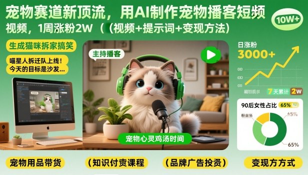 宠物赛道新顶流，用AI制作宠物播客短视频，1周涨粉2W（视频+提示词+变现方法）-研习库