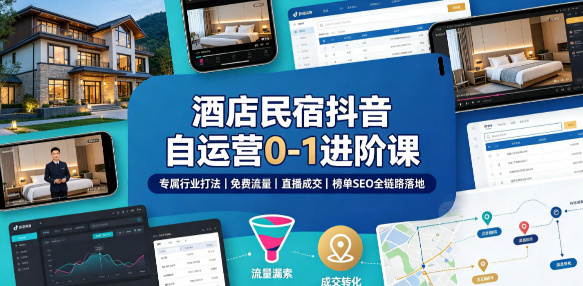 酒店民宿抖音自运营0-1进阶课｜专属行业打法、免费流量+直播成交+榜单SEO全链路落地-研习库