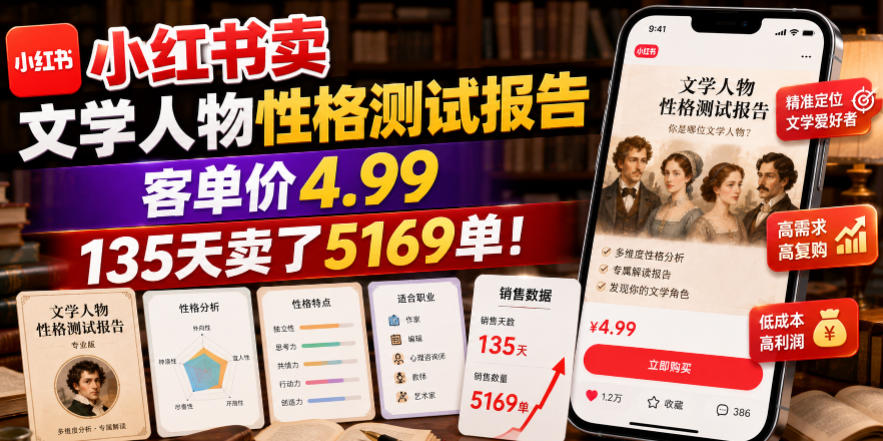 小红书卖文学人物性格测试报告,客单价4.99,135天卖了5169单!-研习库