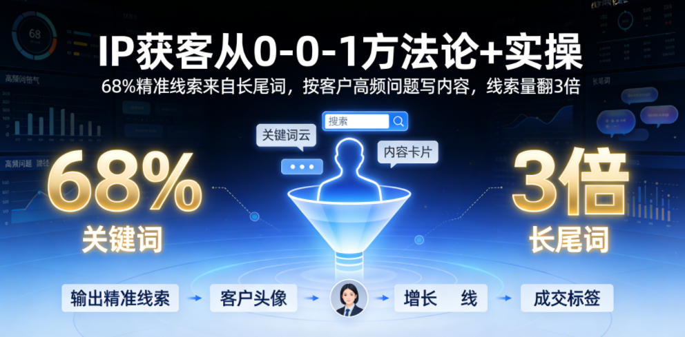 IP获客从0-1方法论+实操,68%精准线索来自长尾词,按客户高频问题写内容,线索量翻3倍-研习库