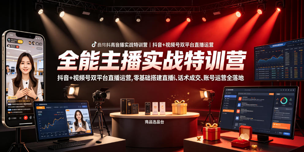 全能主播实战特训营|抖音+视频号双平台直播运营,零基础搭建直播间、精准选品、话术成交、账号运营全落地-研习库