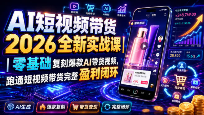 AI短视频带货2026全新实战课|零基础复刻爆款AI带货视频,跑通短视频带货完整盈利闭环-研习库