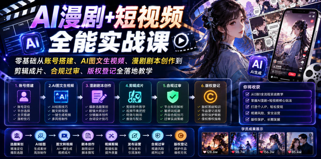 AI漫剧+短视频全能实战课｜零基础从账号搭建、AI图文生视频、漫剧剧本创作到剪辑成片、合规过审、版权登记全落地教学-研习库