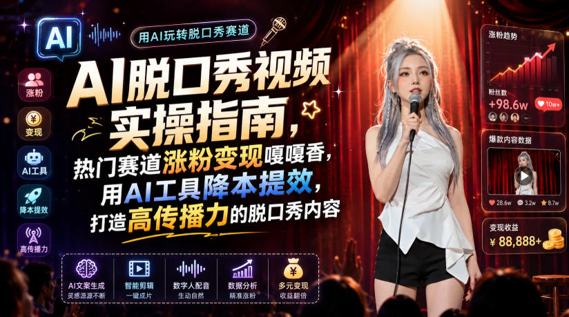 AI脱口秀视频实操指南，热门赛道涨粉变现嘎嘎香，用AI工具降本提效，打造高传播力的脱口秀内容-研习库
