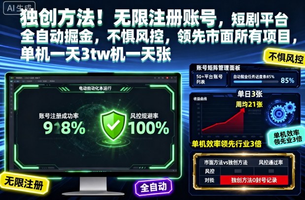 独创方法！无限注册账号，短剧平台全自动掘金，不惧风控，领先市面所有项目，单机一天3张【揭秘】-研习库