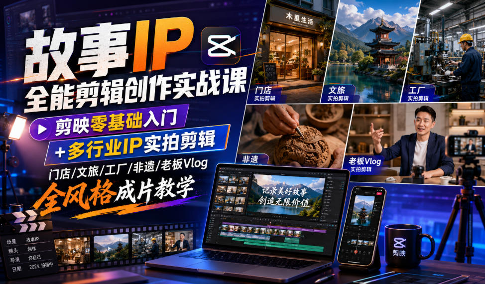故事IP全能剪辑创作实战课|剪映零基础入门+多行业IP实拍剪辑,门店/文旅/工厂/非遗/老板Vlog全风格成片教学-研习库