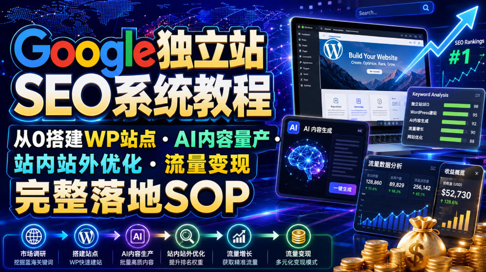 Google独立站SEO系统教程,从0搭建WP站点・AI内容量产・站内站外优化・流量变现完整落地SOP(2026年7月)-研习库