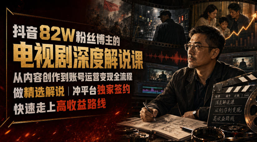 抖音82W粉丝博主的电视剧深度解说课，从内容创作到账号运营变现全流程，做精选解说，冲平台独家签约，快速走上高收益路线-研习库