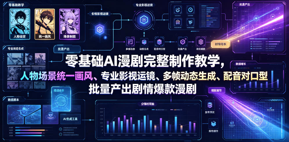 零基础AI漫剧完整制作教学,人物场景统一画风、专业影视运镜、多帧动态生成、配音对口型,批量产出剧情爆款漫剧-研习库