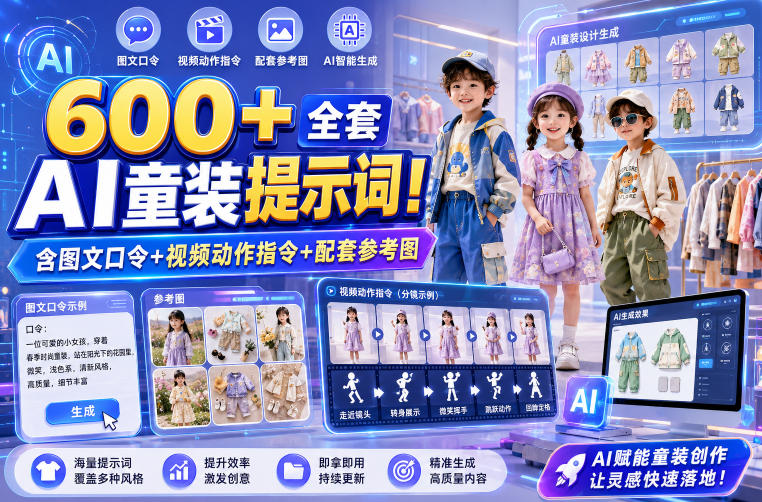 600+全套AI童装提示词！含图文口令+视频动作指令+配套参考图，Word-Excel规整分类，童装电商、种草无脑量产内容！-研习库