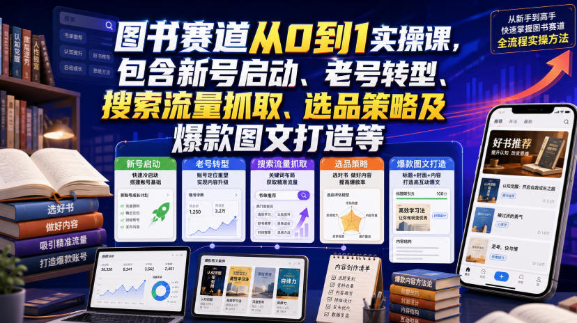 图书赛道从0到1实操课,包含新号启动、老号转型、搜索流量抓取、选品策略及爆款图文打造等-研习库